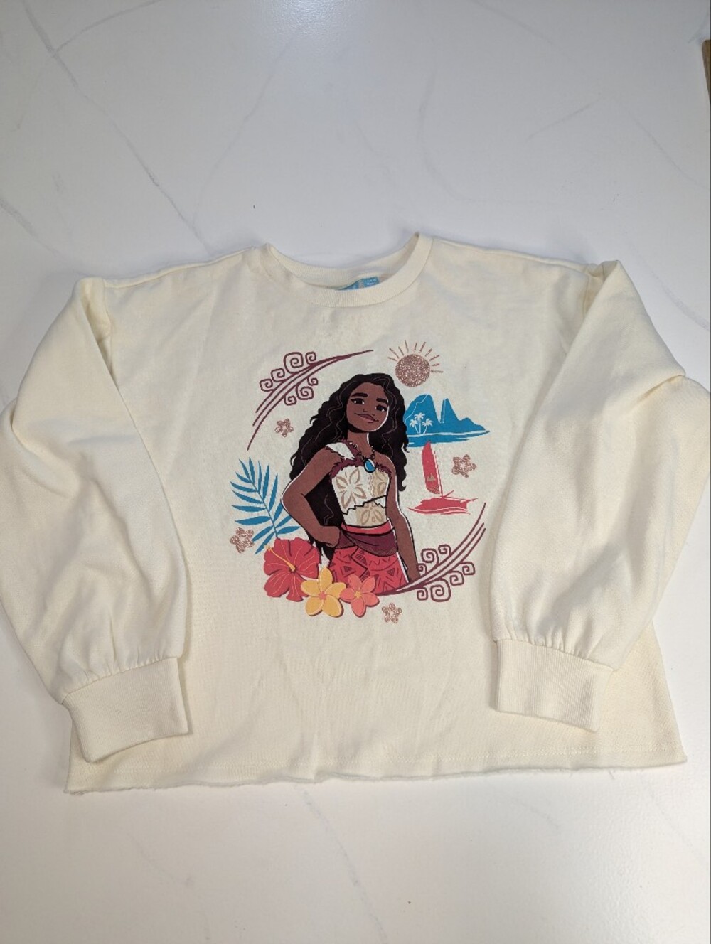 Disney Moana Girls Cropped Pullover Sweatshirt Size L 10/12 Cream Graphic Fleece